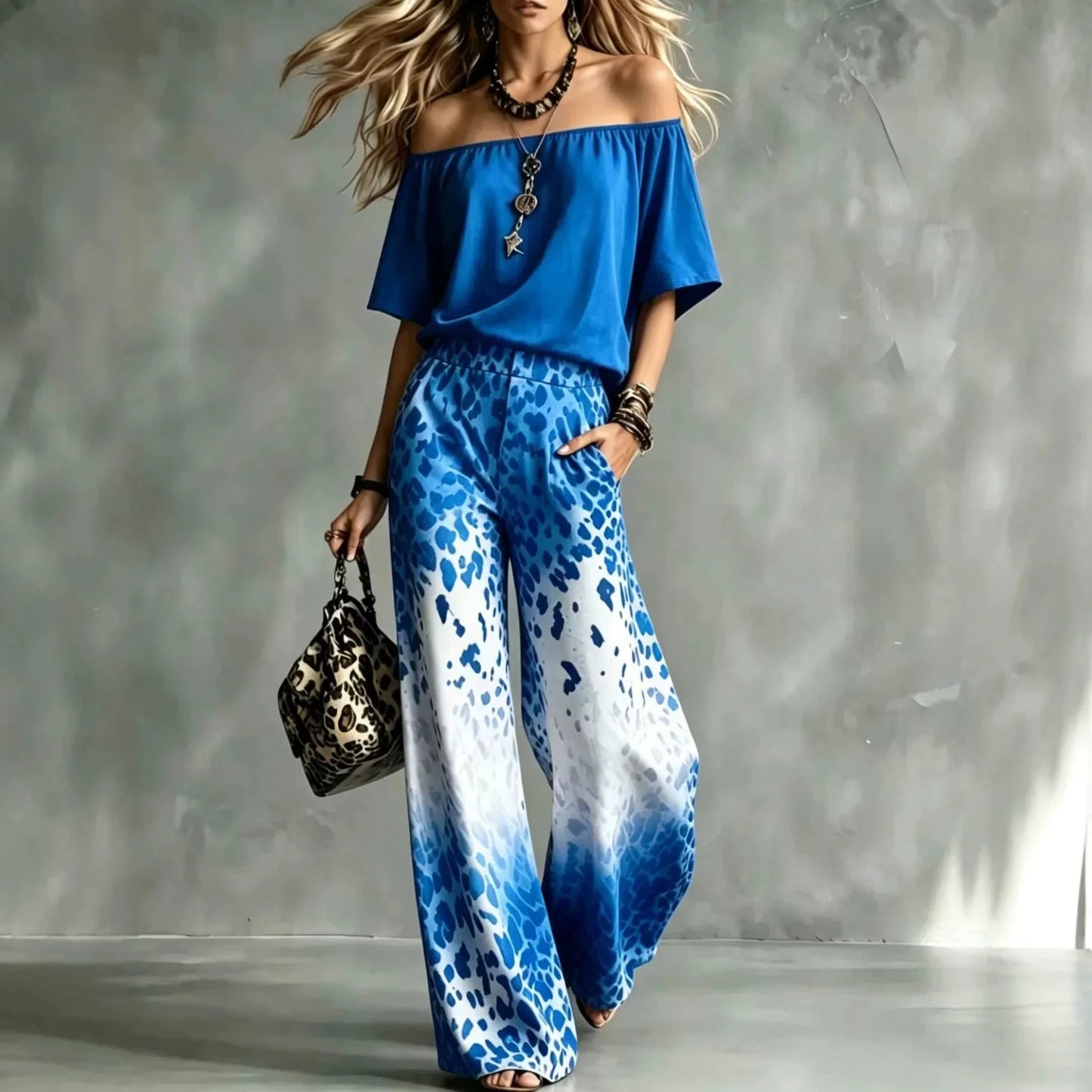 Summer Women Off Shoulder Short Sleeve Top Gradient Leopard Print Wide Leg Pants Two Piece Boho Casual Fashion Matching Suit New
