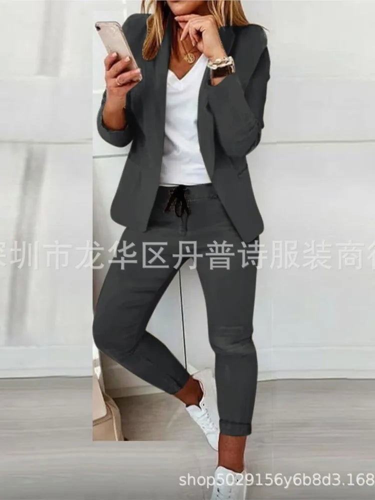 2 Piece Women's Autumn Winter Suit Fashion Slim Fit Lace-up Small Feet Trousers Women's Office Casual Solid Color Suit 2024