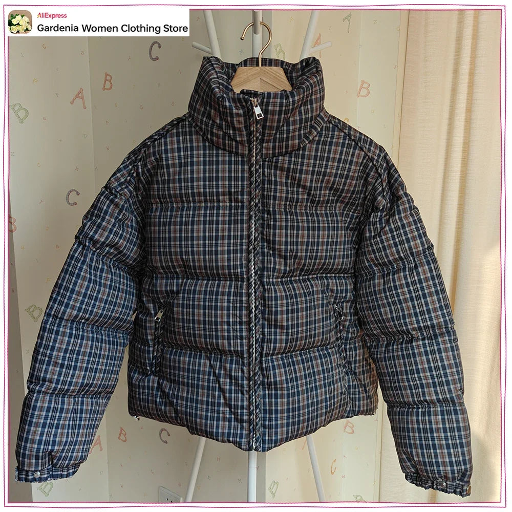 Stylish Plaid Puffer Anorak for Women Winter Brown Padded Jackets High Neck and Long Sleeves Zipper Outwears with Adjustable Hem