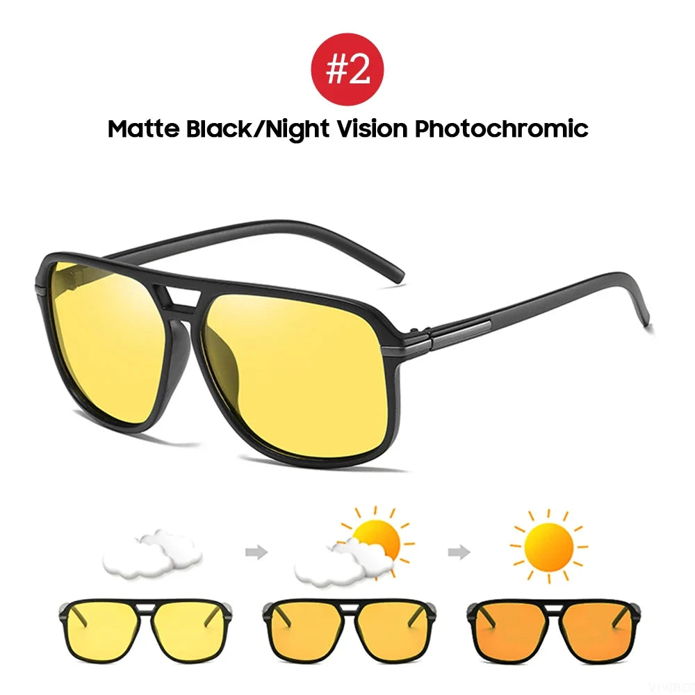 VIVIBEE Men Polarized Night Vision Glasses Yellow Retro Square Oversized Photochromic Goggles Women Fashion Driving Sunglasses