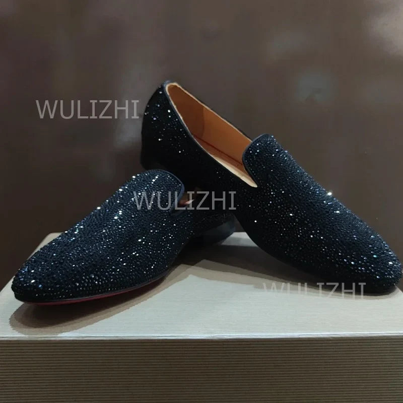 Gold Full Crystal Shiny Men's Loafers Wine Red Black Gradient Oxfords Flat Shoes Party Luxury Clogs Round Toe Casual Print Shoes