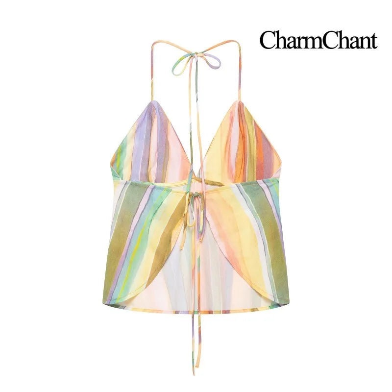 CHARMCHANT Women's Colorful Stripe Two Piece Outfit Halter Backless Tie Top Wide Leg Trousers Holiday Matching Suit Summer 2026
