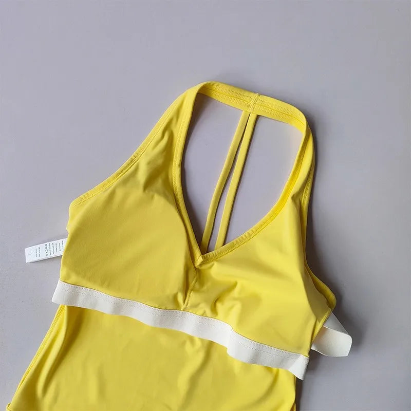Women's Summer V-Neck Yoga Sports Vest Hanging Back Neck Design Outdoor Running Training Gathered Fit Top for Active Wear