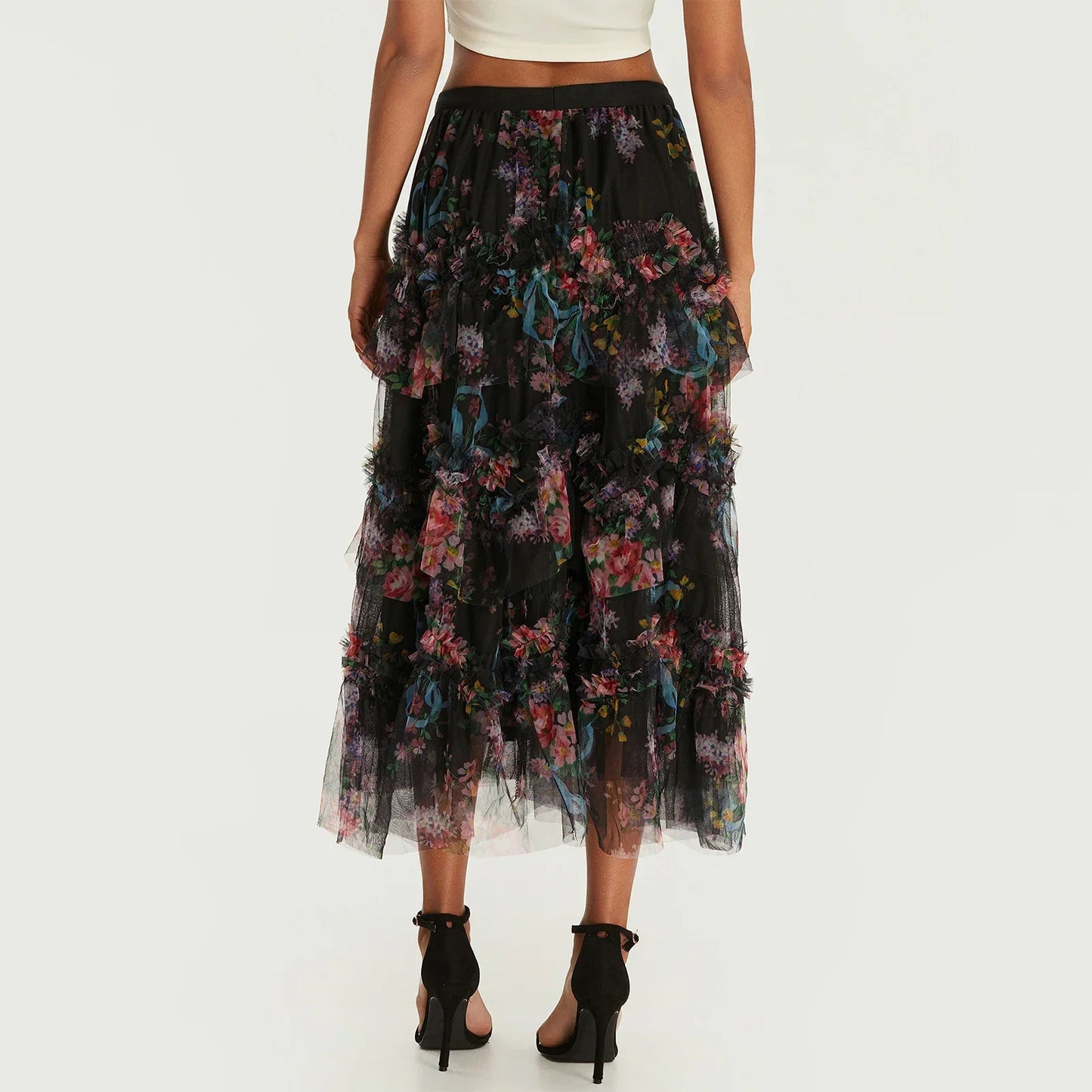 Early Fall Floral Print Ruffle Mesh Skirt Women Irregular Flowy A-line Midi Skirt for Travel, Beach, Shopping