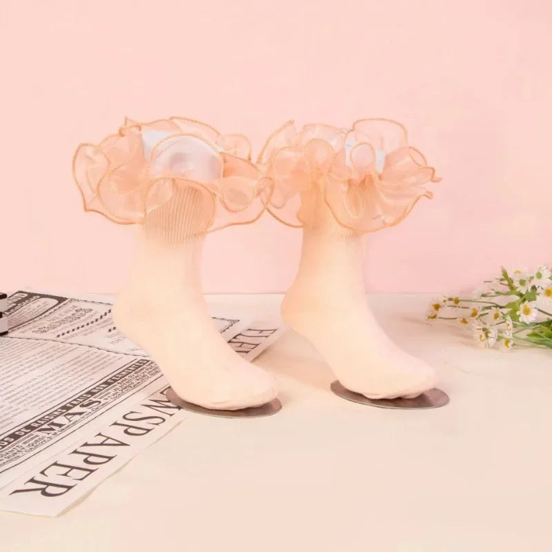 1 Pair Girls' Puffy Lace Socks Children's Combed Cotton Lace Socks