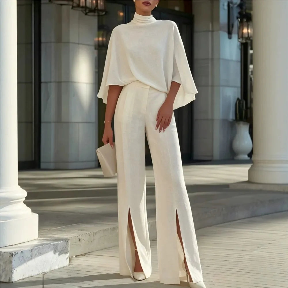 Autumn Women's Half Turtleneck Shawl Top Fashion Slit Wide Leg Trousers 2piece Suit Elegant Slim Fit Female Office Trousers Suit