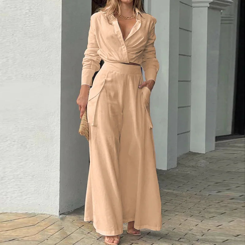 Women's Elegant Pants Sets Solid Long Sleeve Crop Shirt & High Waist Pants Two Piece Set Casual Work Suit Female V-Neck Top