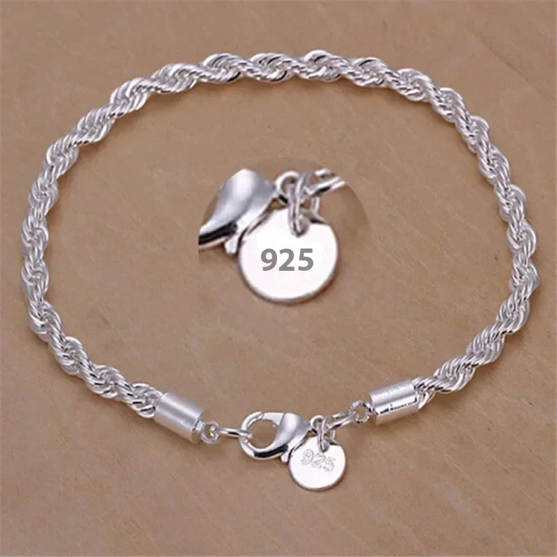 925 Sterling Silver Bracelet 4mm20cm Flat Side Chain Lobster Clasp for