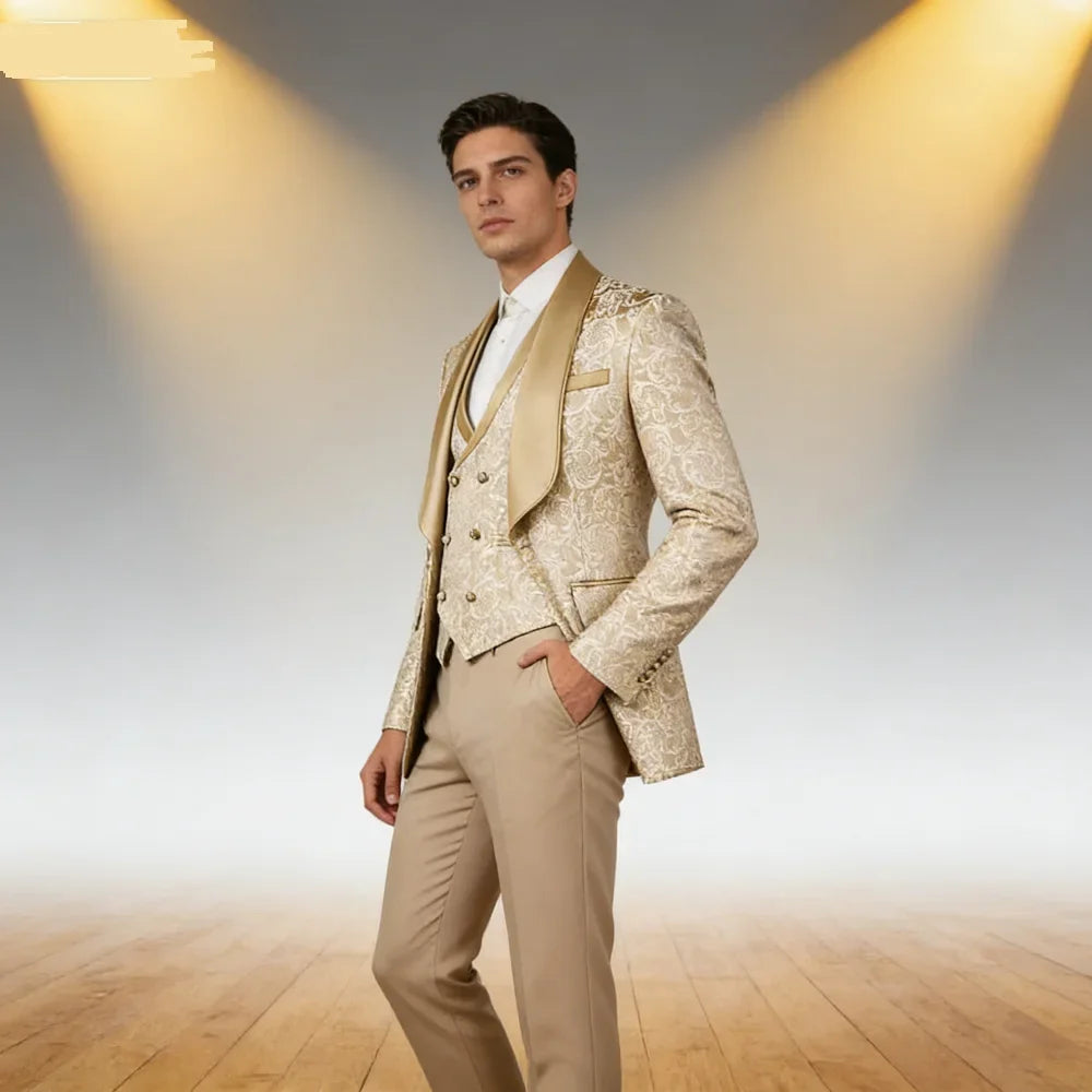 Champagne Jacquard 3-Piece Men's Formal Smoking Suit with Shaw Lapel