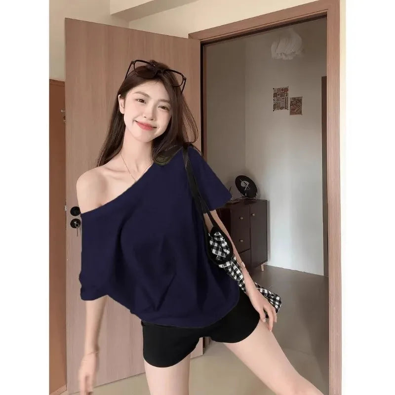 Fashion Loose Ladies Batwing Sleeve Trend Solid Color Off Shoulder Summer New Style Pullover Slash Neck Tshirt Tops Short Sleev