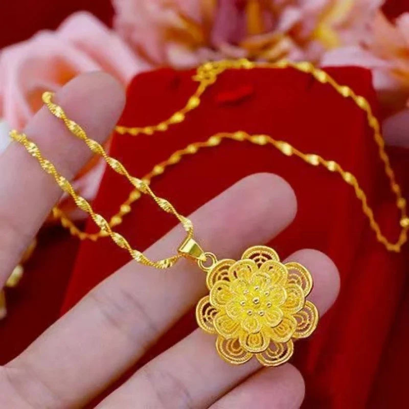 24K Gold Color Flower Pendant Necklaces for Women 18 Inch Water Wave