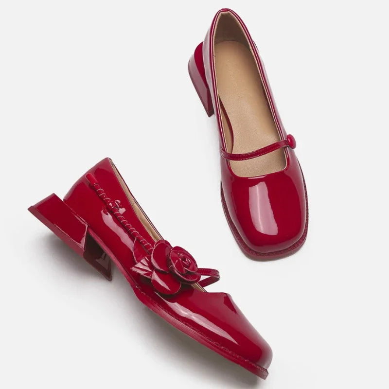 Lacquer Leather Mary Jane Shoes Women Flower Designer Women Shoes Shallow Fashion Square Toe Elegant Chunky Retro Pumps Female