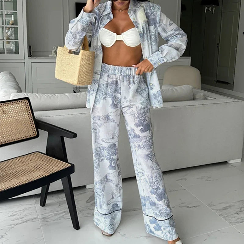 Women Causal Long Sleeve Loose 2Pc Sets Vintage Pattern Printed Office Outfits 2024 Fashion Lapel Collar Shirt & Long Pant Suit