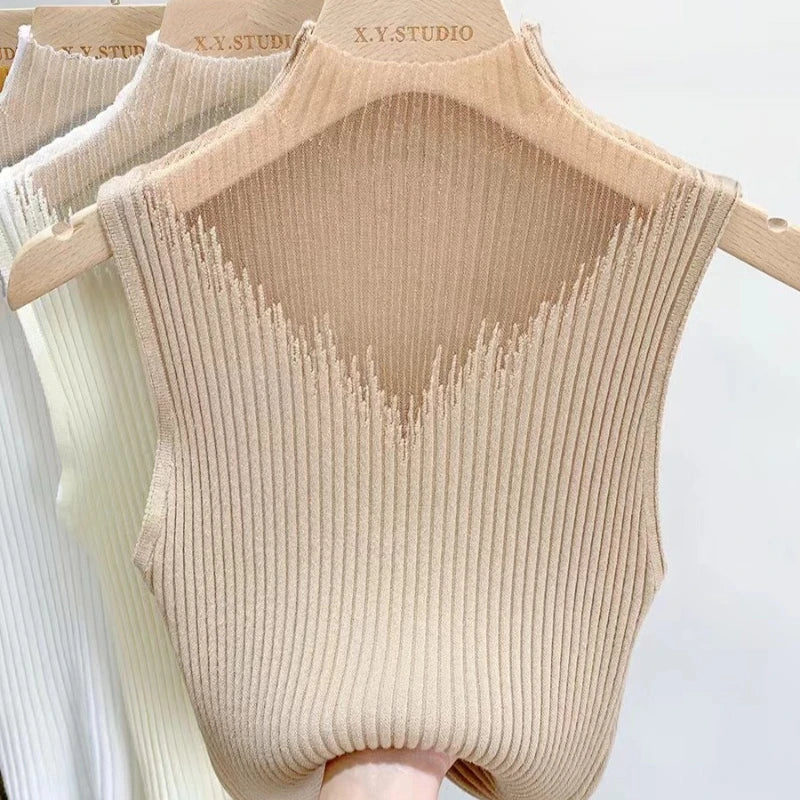 Mesh Knitted Top Women Y2K Tank Top Half Neck Vest Female Sleeveless Sweater Chic Cut Out Streetwear Solid Skinny Tube Top