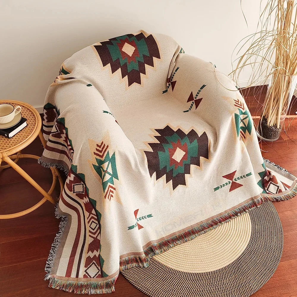Aztec Blanket Oversized Boho Throw Blanket with Fringe Southwestern Geometric Tapestry Vintage Woven Throw Blankets Double-S