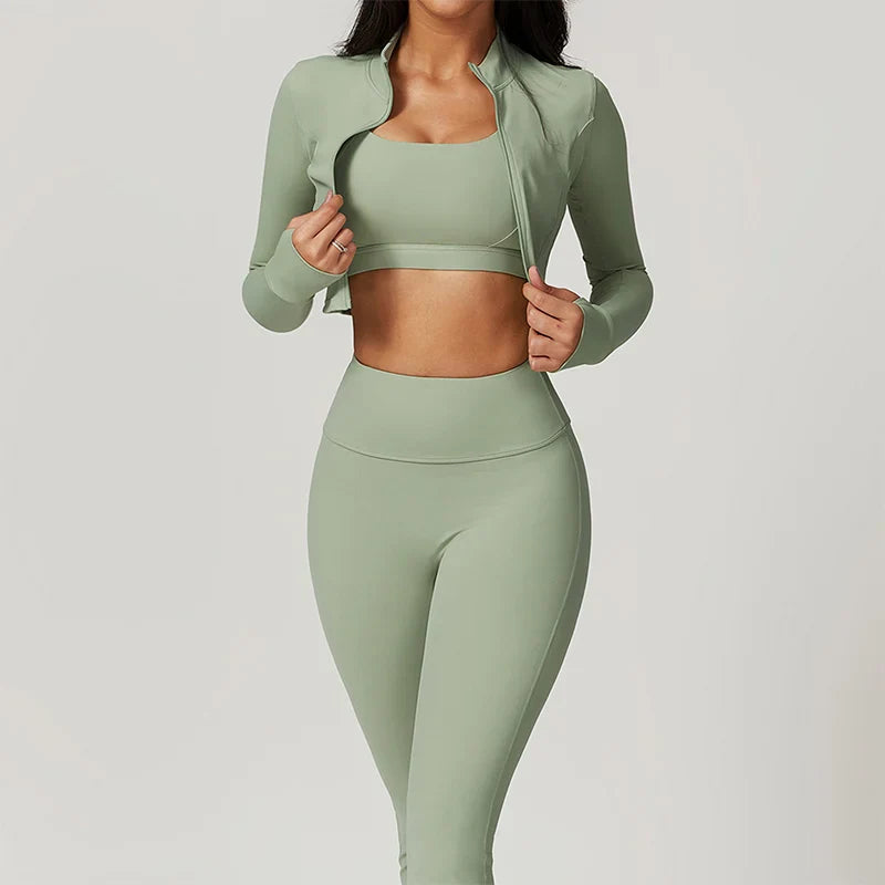 Conjunto Deportivo de 3 Piezas para Entrenar: Sujetador Deportivo, Leggings de Gimnasio de Tiro Alto y Manga Larga