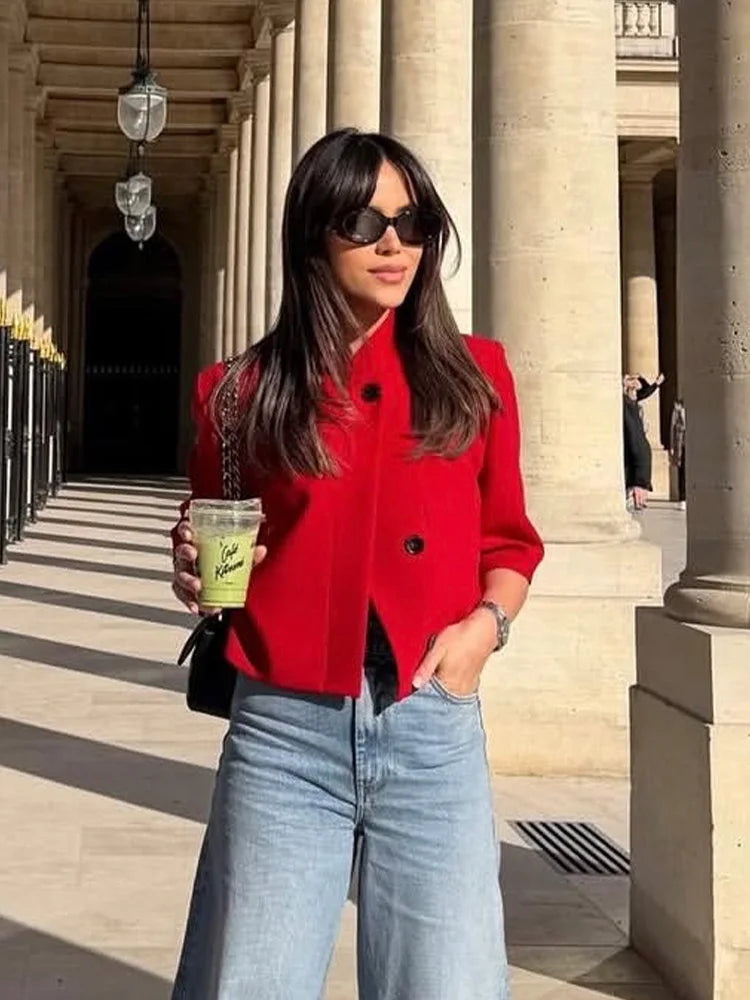 Women's Cropped Short Blazer New 2026 Spring Summer High-Neck Short Sleeve Button Simple Solid Women Coat Female Chic Tops