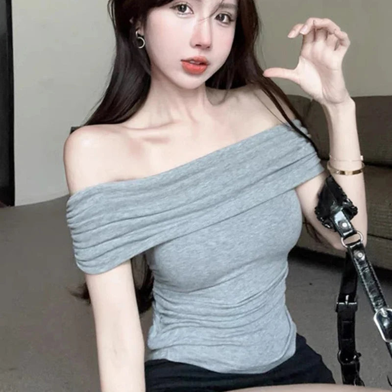 1pcs Girls Off-Shoulder T-Shirt Women's Basic Fashion Tee Solid Ladys