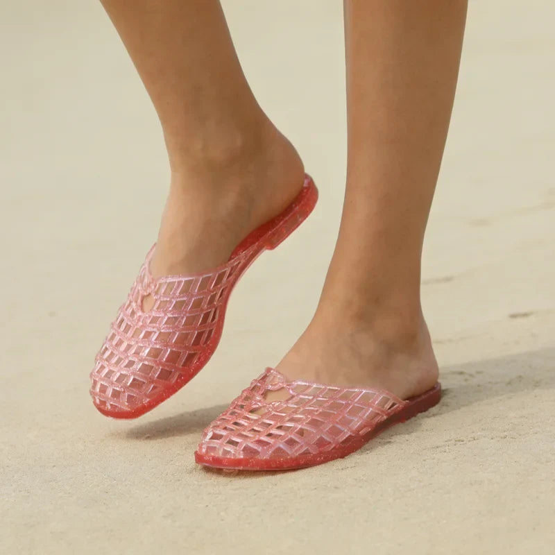 Summer Ladies Flat Bottom Hollow Comfortable Jelly Sandals Crystal Plastic Beach Slippers Breathable Slip-On Shoes