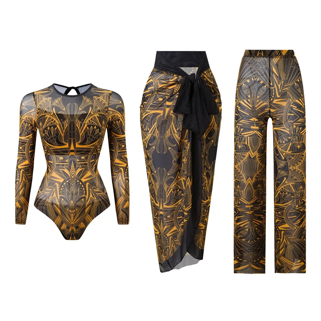 S - XXL 3PCS New Printed Long Sleeve With Pants Sarong Women Swimwear One Piece Swimsuit Female Bather Bathing Suit Swim K7180