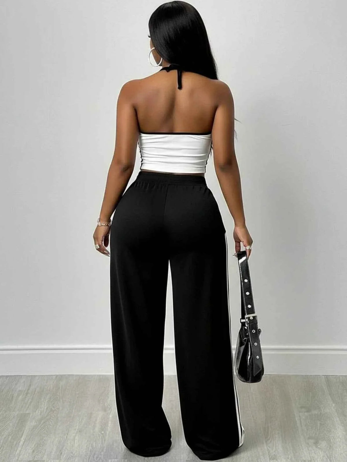 Women Halter Striped Crop Top and Wide Leg Pants