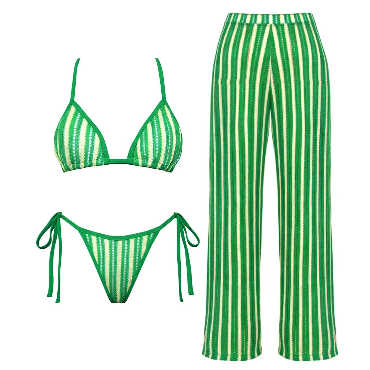 3Pcs Striped Bikini 2026 Bandeau Biquini Women Sexy Swimsuit Push Up Swimwear Female Mesh Pants Bathing Suit Cover Up Beachwear