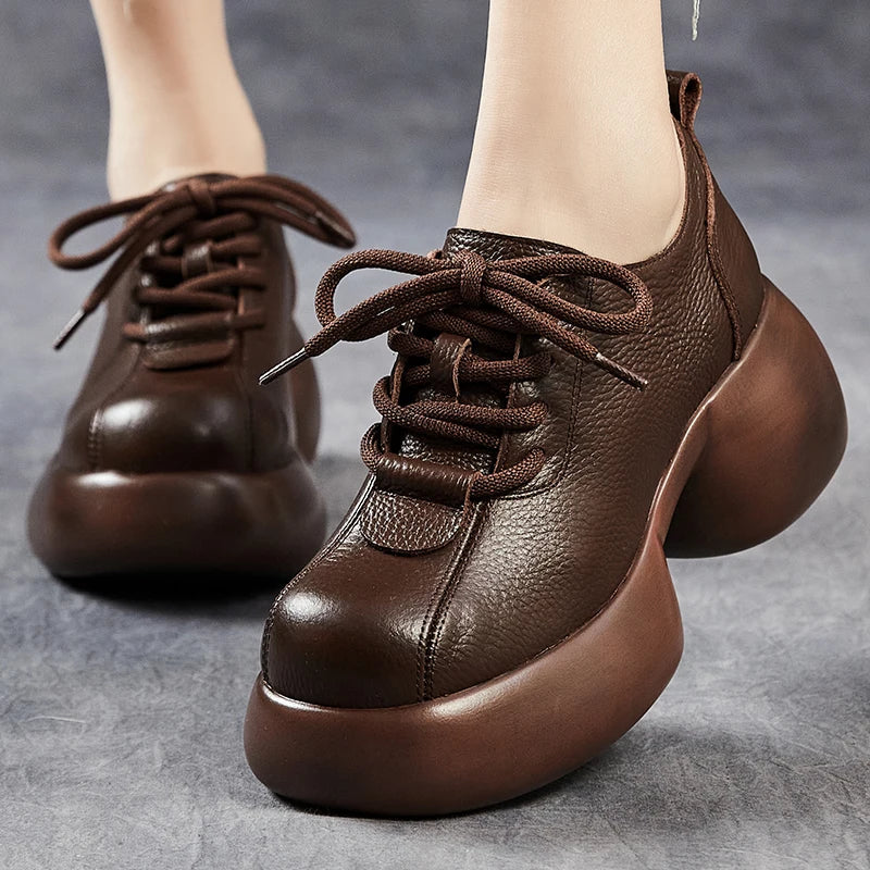 GKTINOO 2026 Spring New Genuine Leather Pumps Thick Soled Women Shoes Retro Comfortable Round Toe Wedges Platform Shoes