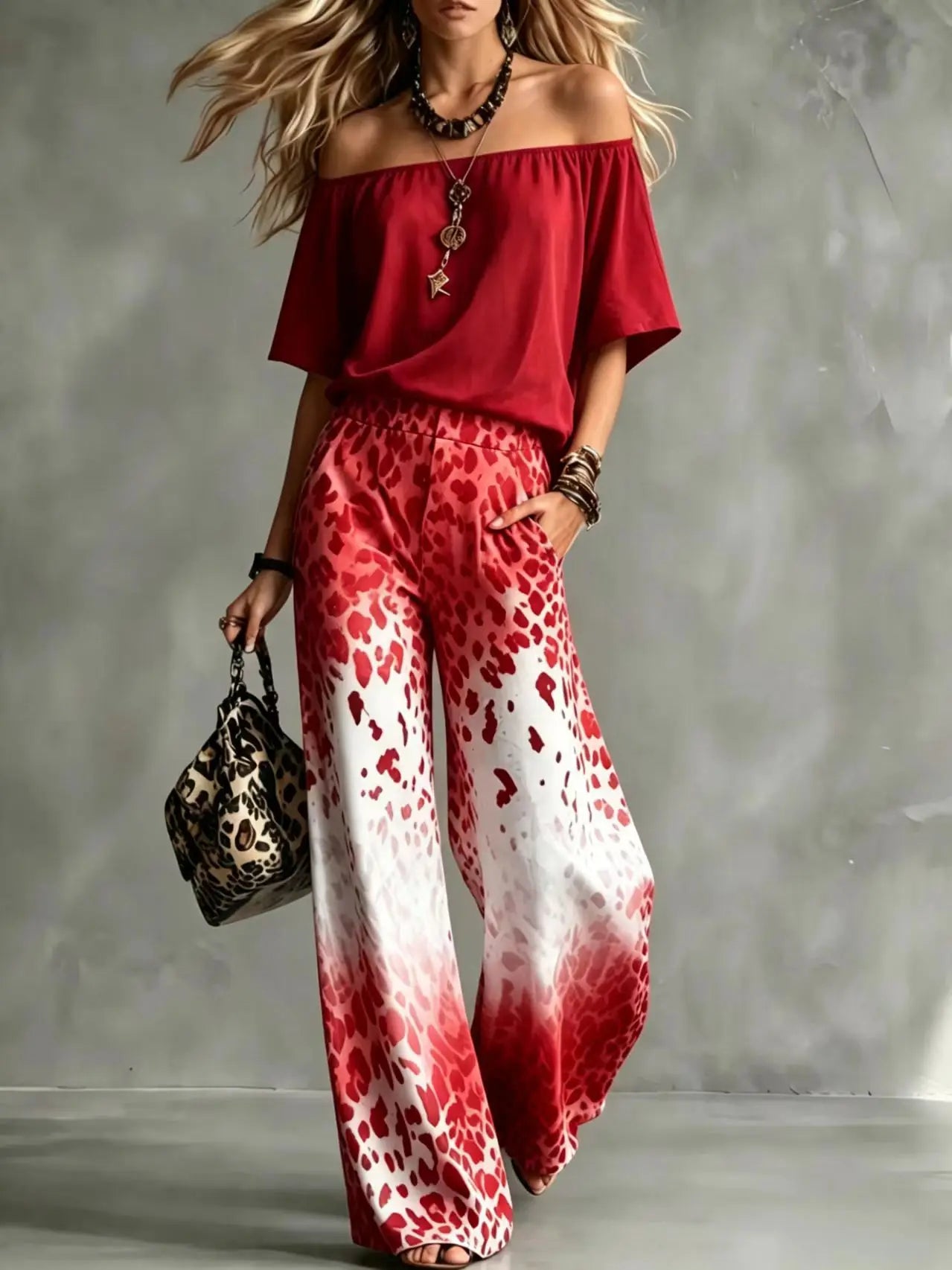 Summer Women Off Shoulder Short Sleeve Top Gradient Leopard Print Wide Leg Pants Two Piece Boho Casual Fashion Matching Suit New