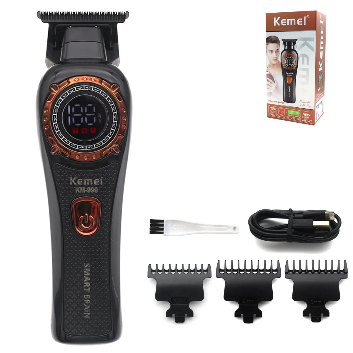 Kemei DLC T-Blade Zero Gapped LED Display Cordless USB Professional Hair Clipper Finishing Machine KM-999 Hair Trimmer for Men