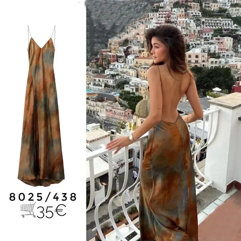 2025 Summer New Women's Open Back Sleeveless Dress Fashion Satin Mid Length Dress Printed Sexy V Neck Sling Dress