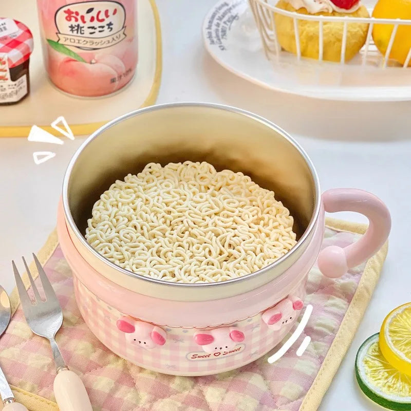 Tazón de ramen Kawaii pastel a cuadros con tapa