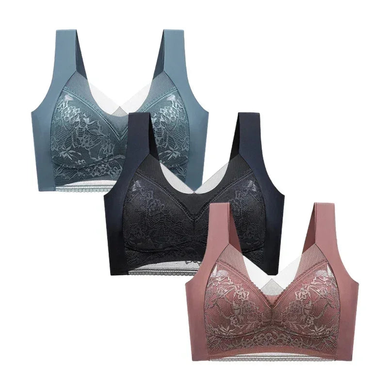 FallSweet Sujetadores Push Up de Encaje para Mujer, 3 Piezas, Sujetador Inalámbrico Sexy de Seda de Hielo, Bralette de Copa Profunda, Lencería Femenina, Ropa Interior para Mamá L-5XL