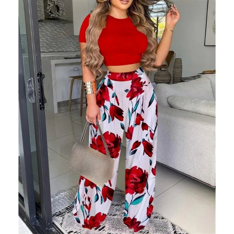Spring Summer Flower Print Slim Suit Women Sexy O-Neck Short Sleeve Short T-shirt Top High Waist Wide Leg Pants Trousers Suit