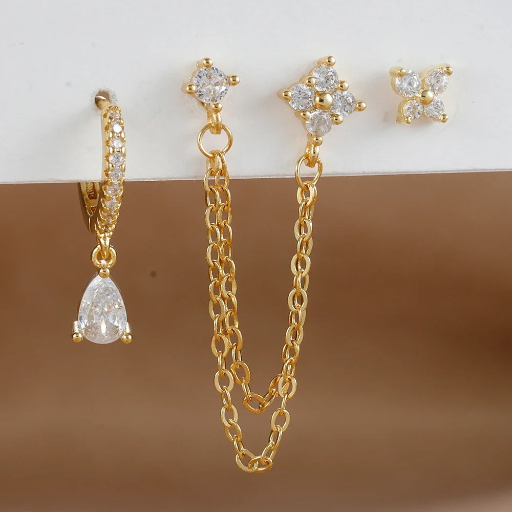 3PCS Set Stainless Steel Crystal CZ Butterfly Ear Stud Earring Gold