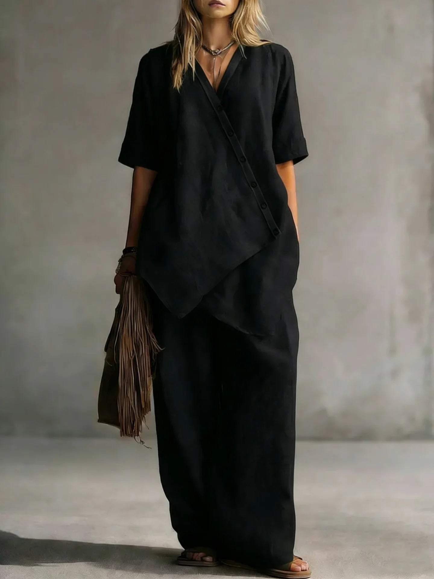 2026 Women's Fashion Casual Solid Color V-Neck Loose Short Sleeve Top and Cardigan with Long Pants Two-Piece Set