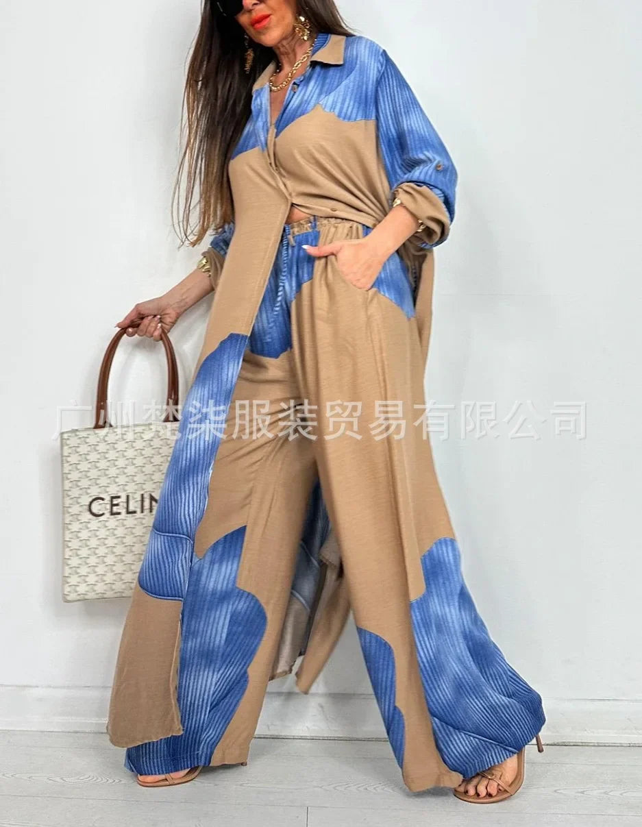 Fashion Loose Printed Long Sleeve 2-piece Set Women's Single-breasted Cardigan Robe Wide-leg Pants Casual Two-piece Outfit Woman