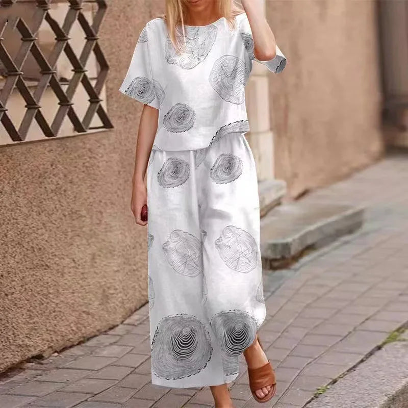 Autumn New Women's Fashion Printed Cotton Linen Plant Flower Three Sleeve Short Sleeved Casual Nine Piece Pants Two-piece Set