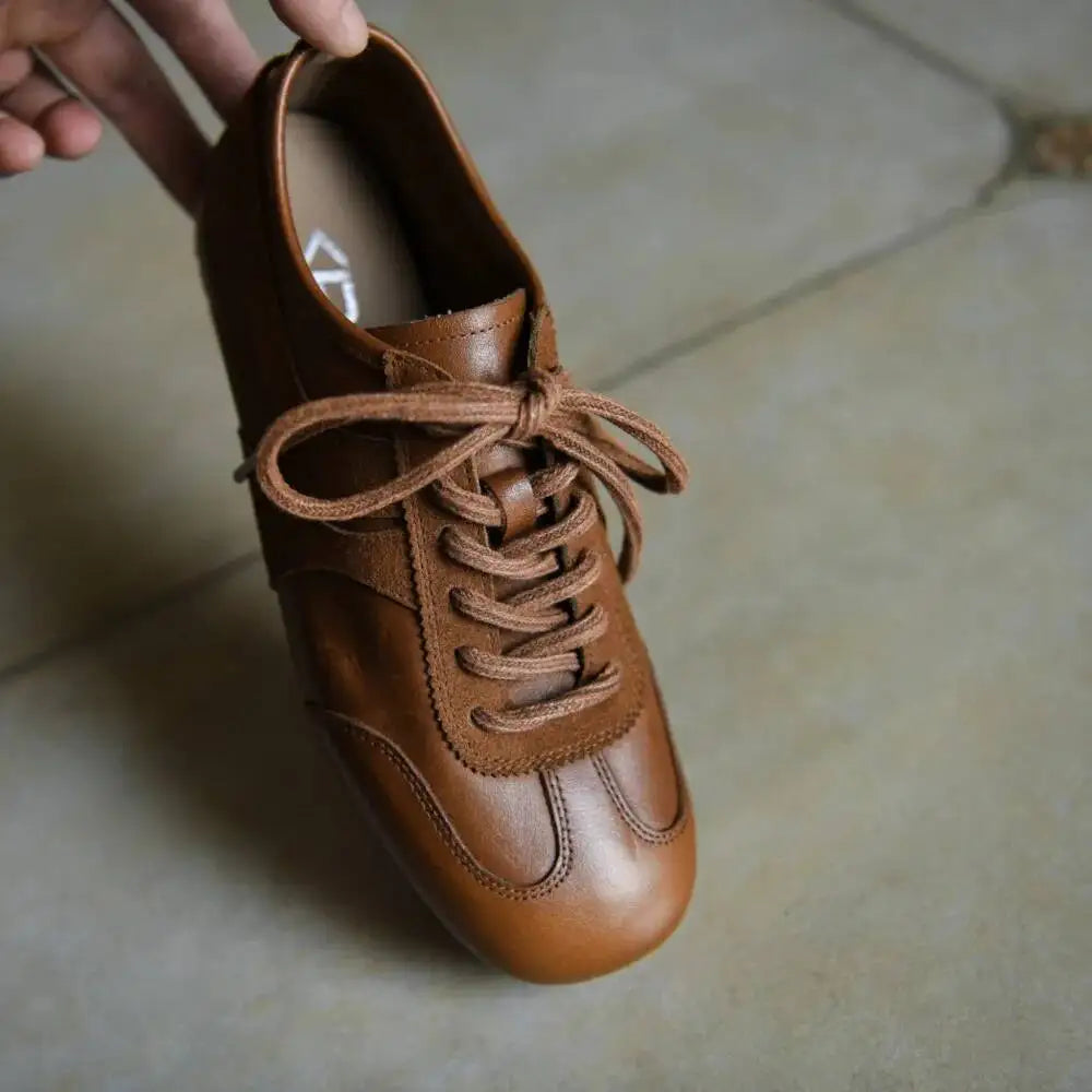 Leather Retro Women's Deqin Shoes Spring Autumn New Style Versatile Square Head Flat Bottom Genuine Leather Sports Shoes