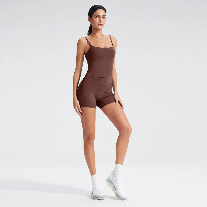 Women Square Neck Thin Strap Padded Sports Top High Waist Butt Lift Yoga Biker Shorts 2Pcs Soft Stretch Workout Matching Set
