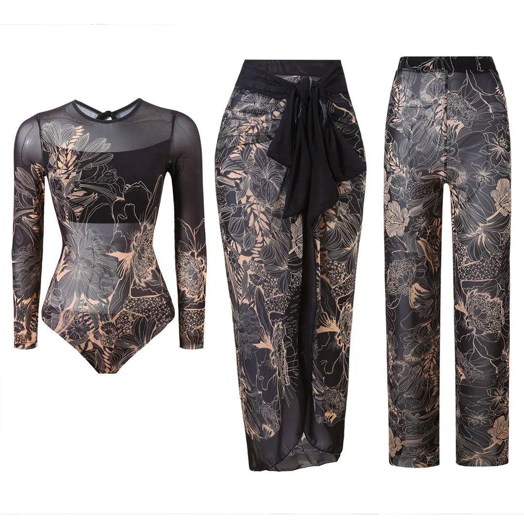S - XXL 3PCS New Printed Long Sleeve With Pants Sarong Women Swimwear One Piece Swimsuit Female Bather Bathing Suit Swim V7180