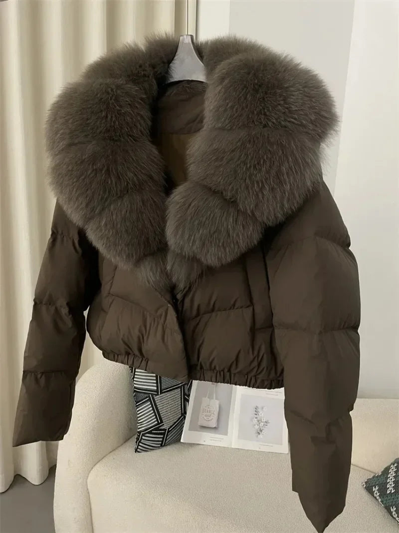 Down Jacket Women Short Puffer Jacket Thick New Big Natural Real Fox Fur Coat  Autumn Winter Female White Duck Down Coat Feather