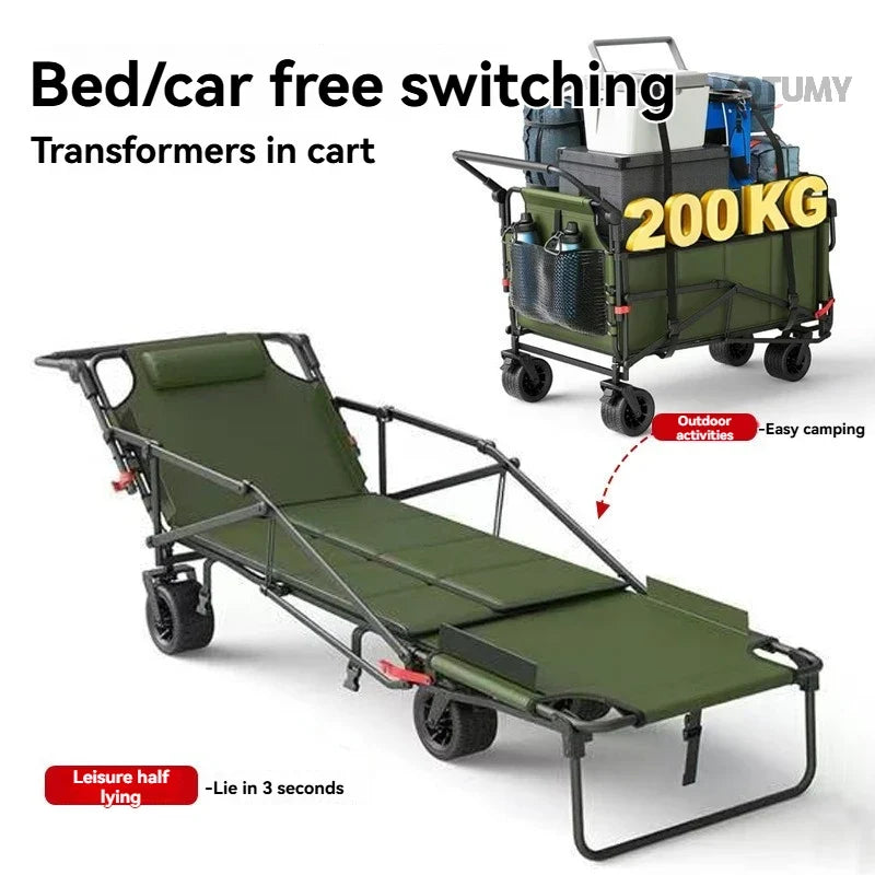 Foldable Camping Wagon with Tank Wheels Outdoor Beach Cart Reclining Design Push Trolley Portable Folding Trailer for Camping