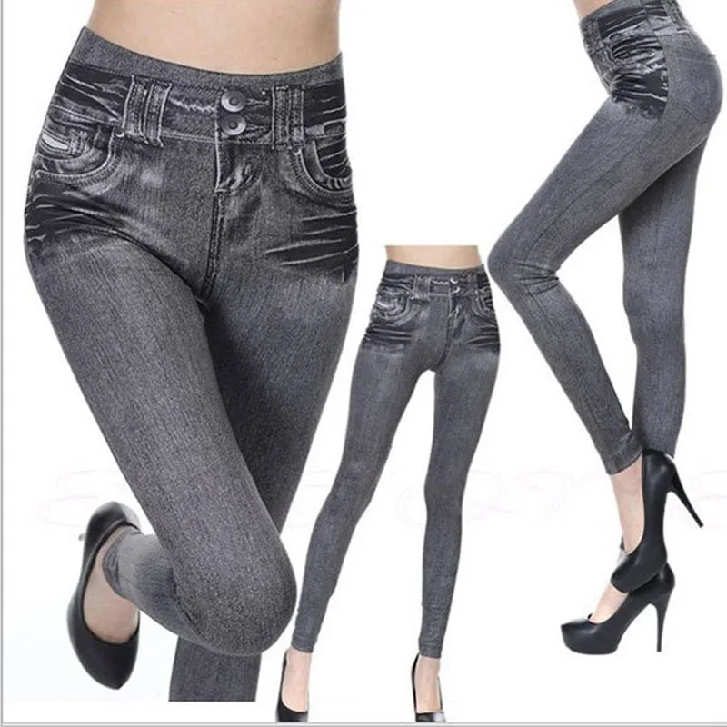 1pcs Women's Denim Print Leggings Females Fashion Slim Leggings Faux