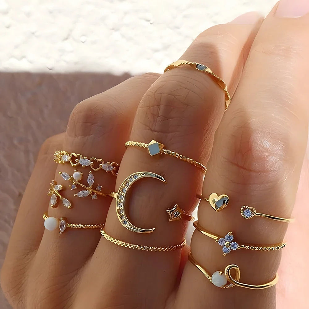 10pcs Rings Suit for Women Gold-Color Chain Ring Set Bohemian Style
