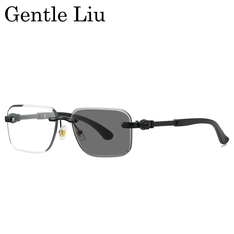 Vintage Rimless Photochromic Sunglasses Men 2026 Luxury Designer Square Frameless Leopard Head Sun Glasses Driving Eyewear Shade