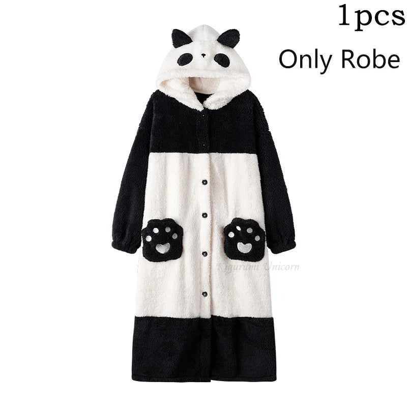Cartoon Panda Plush Pajamas Robes Anime Adult Nightgown Winter Long Sleeve Night Dress Halloween Party Comfy Kawaii Girl Slipper