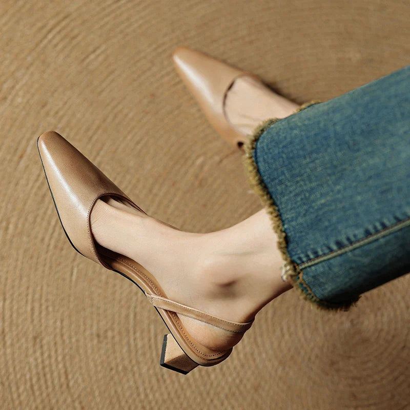 2025 Summer Women Sandals Genuine Leather Women Shoes Cover Toe Slingback Shoes Pointed Toe Med Heel Concise Designer Sandals