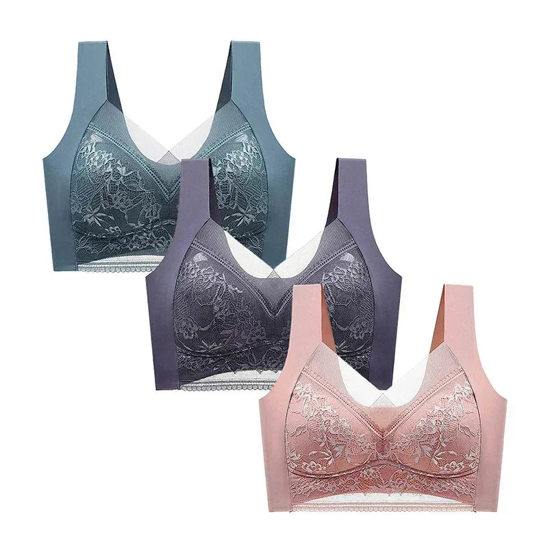 FallSweet Sujetadores Push Up de Encaje para Mujer, 3 Piezas, Sujetador Inalámbrico Sexy de Seda de Hielo, Bralette de Copa Profunda, Lencería Femenina, Ropa Interior para Mamá L-5XL