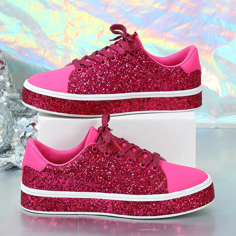 Women Glitter Sequin Leather Pink Sports Shoes Thick Soled Casual Shoes 2025 Ladies Spring Comfortable Lace-up Flat Sneakers