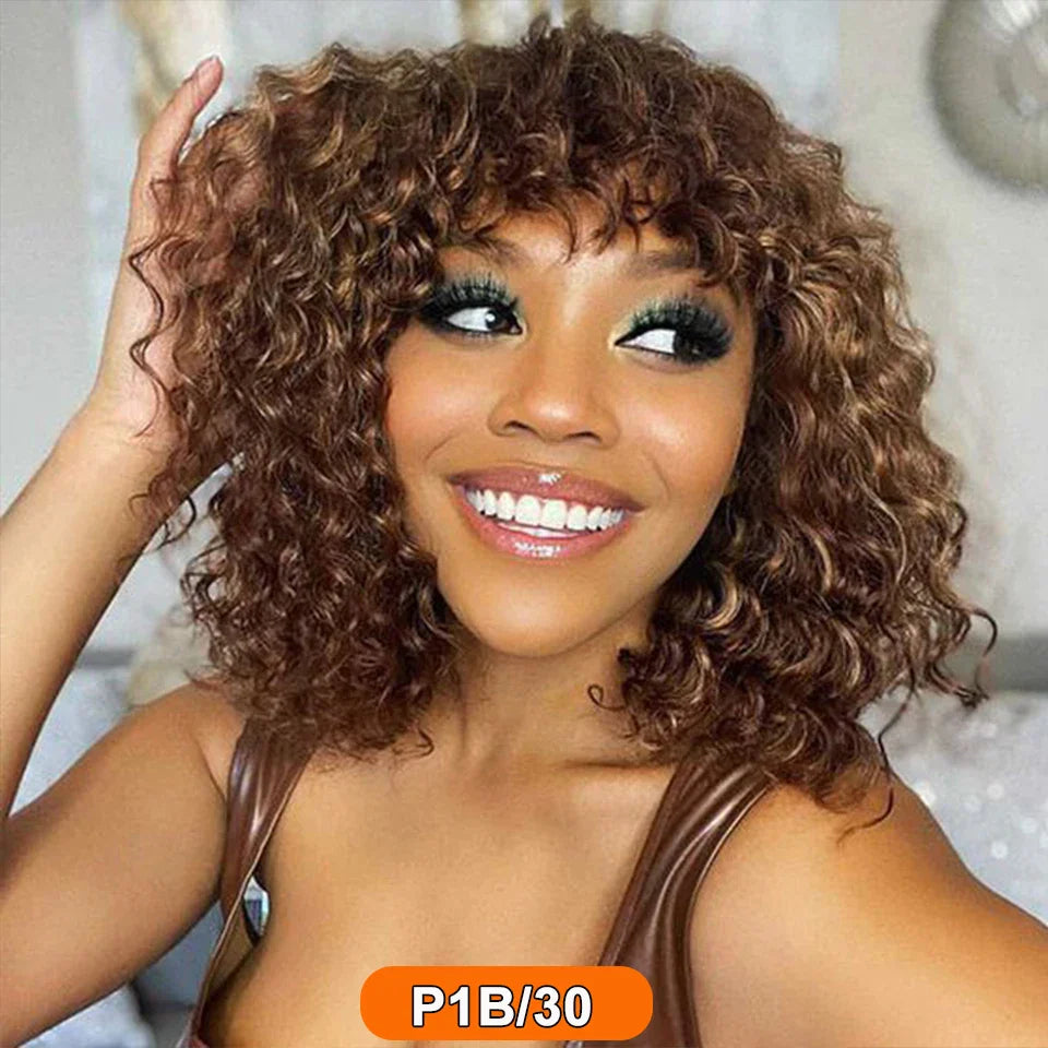 Pelucas de cabello humano Jerry Curly Short Pixie Bob Cut con flequillo, pelucas Remy Curly Bob para mujeres negras, peluca Full Machine Made #1B 1B/99J